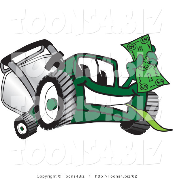 Vector Illustration of a Green Cartoon Lawn Mower Mascot Waving a Dollar Bill