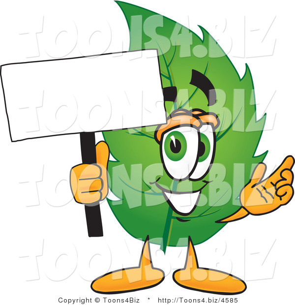 Vector Illustration of a Green Leaf Mascot Holding a Blank White Sign