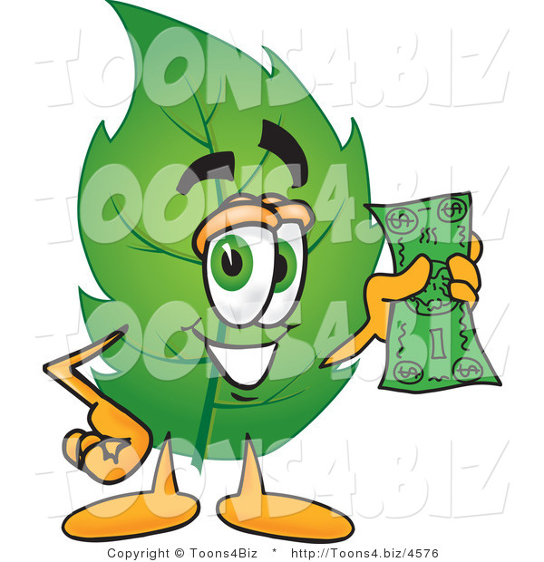 Vector Illustration of a Green Leaf Mascot Holding a Dollar Bill
