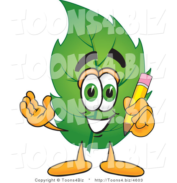 Vector Illustration of a Green Leaf Mascot Holding a Pencil