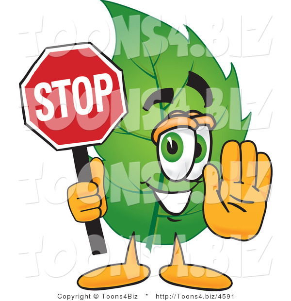 Vector Illustration of a Green Leaf Mascot Holding a Stop Sign