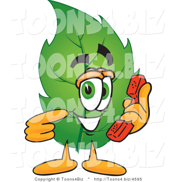 Vector Illustration of a Green Leaf Mascot Holding a Telephone