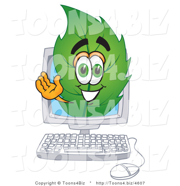 Vector Illustration of a Green Leaf Mascot on a Computer Screen