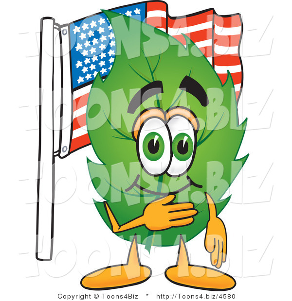 Vector Illustration of a Green Leaf Mascot Pledging Allegiance to an American Flag