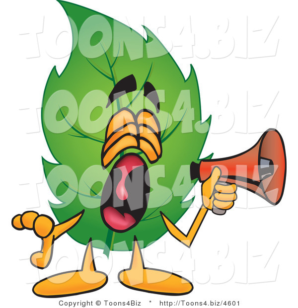 Vector Illustration of a Green Leaf Mascot Screaming into a Megaphone