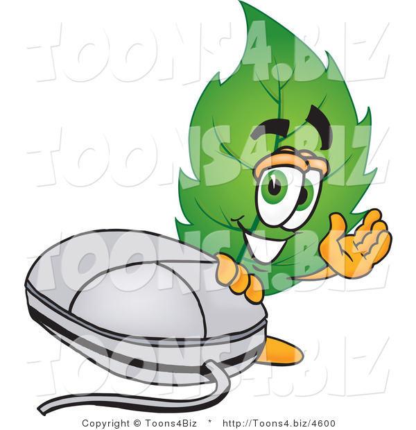 Vector Illustration of a Green Leaf Mascot Standing by a Computer Mouse