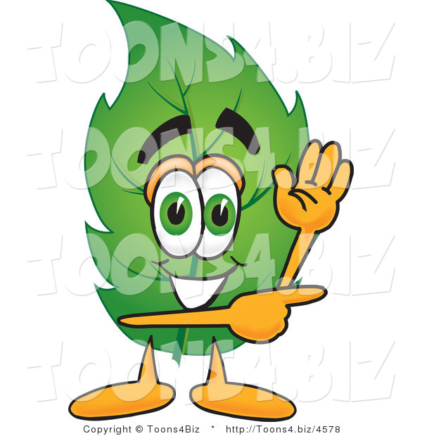 Vector Illustration of a Green Leaf Mascot Waving and Pointing