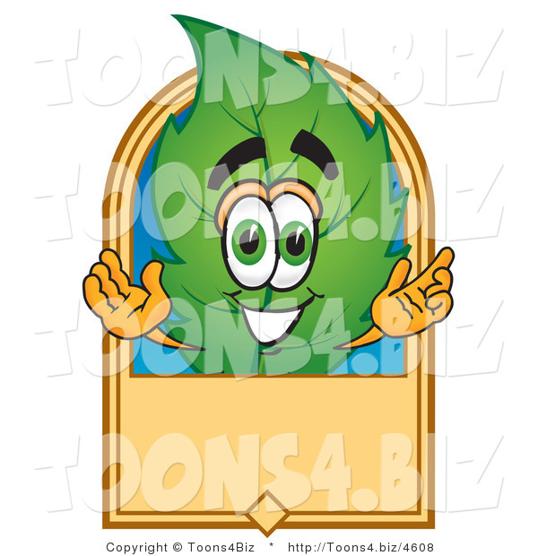 Vector Illustration of a Green Leaf Mascot with a Blank Tan Label