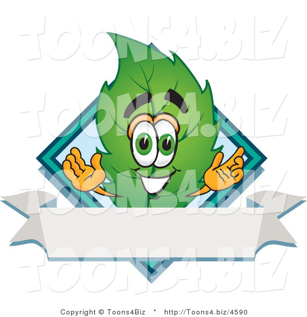 Vector Illustration of a Green Leaf Mascot with a Diamond and Blank Ribbon Label