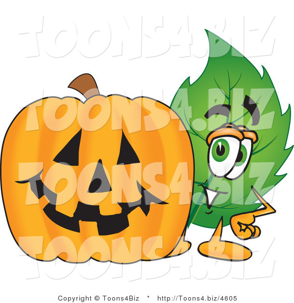 Vector Illustration of a Green Leaf Mascot with a Halloween Pumpkin