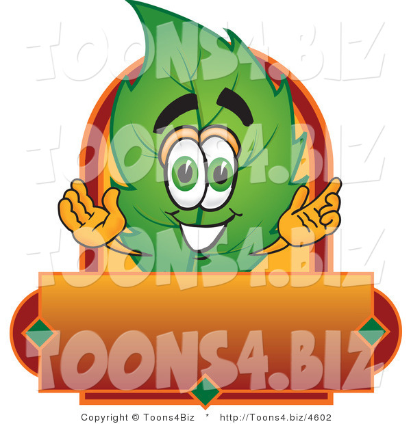 Vector Illustration of a Green Leaf Mascot with a Red and Orange Label