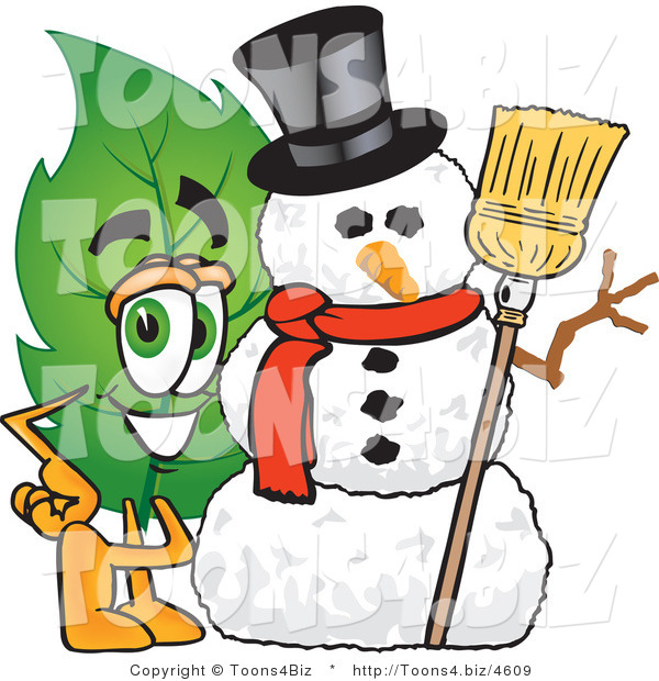 Vector Illustration of a Green Leaf Mascot with a Snowman on Christmas