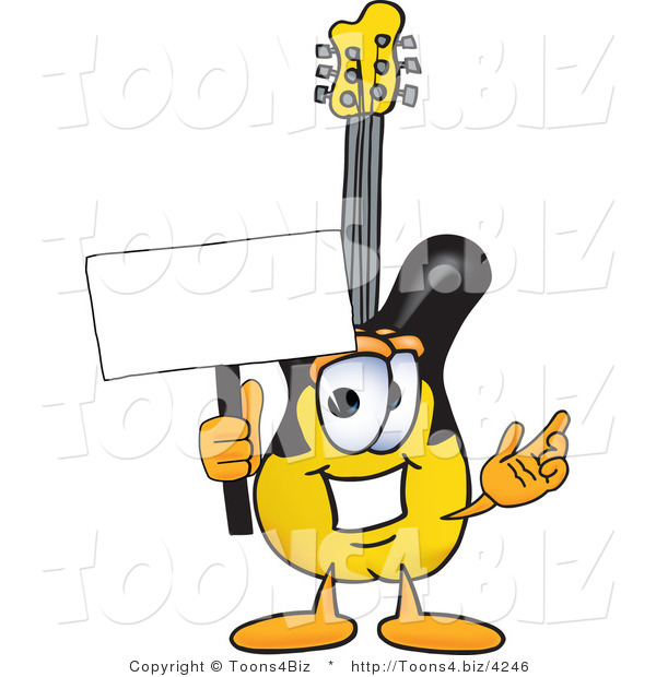 Vector Illustration of a Guitar Mascot Holding a Blank Sign