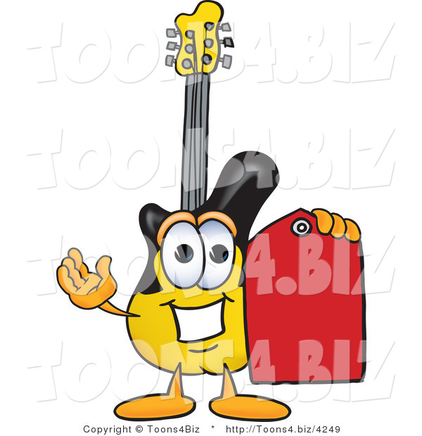 Vector Illustration of a Guitar Mascot Holding a Red Sales Price Tag