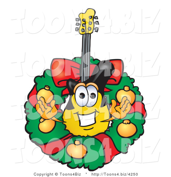 Vector Illustration of a Guitar Mascot in the Center of a Christmas Wreath