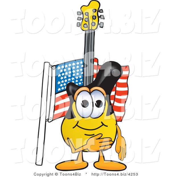 Vector Illustration of a Guitar Mascot Pledging Allegiance to an American Flag