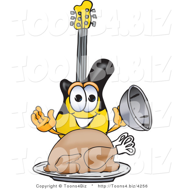 Vector Illustration of a Guitar Mascot Serving a Thanksgiving Turkey on a Platter