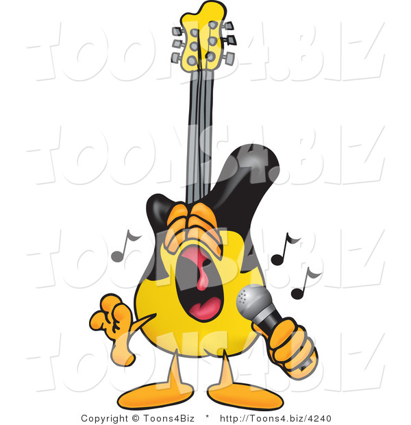 Vector Illustration of a Guitar Mascot Singing Loud into a Microphone