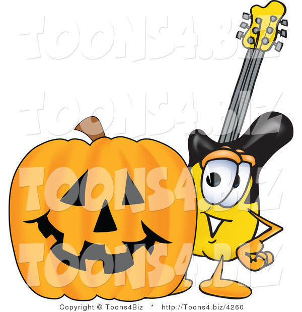 Vector Illustration of a Guitar Mascot with a Carved Halloween Pumpkin