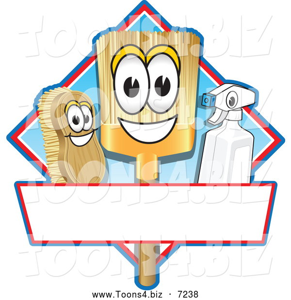 Vector Illustration of a Happy Broom Scrub Brush and Spray Bottle Mascot Characters on a Blue and Red Cleaning Sign or Logo