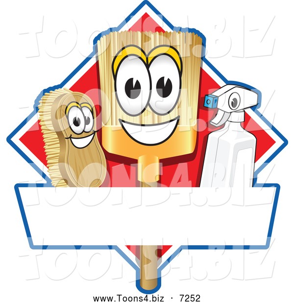 Vector Illustration of a Happy Broom Scrub Brush and Spray Bottle Mascot Characters on a Red Cleaning Sign or Logo