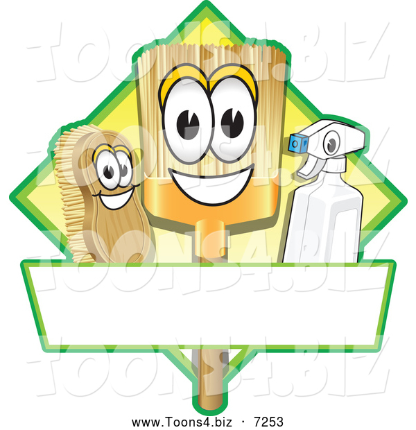 Vector Illustration of a Happy Broom Scrub Brush and Spray Bottle Mascot Characters on a Yellow Cleaning Sign or Logo