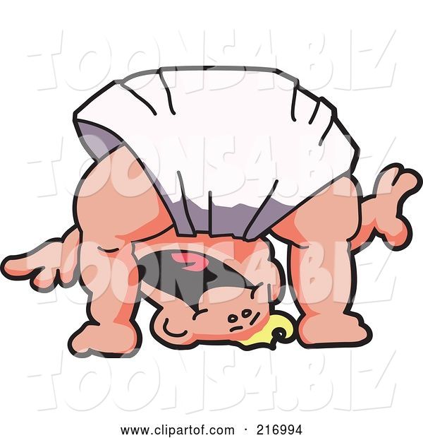 Vector Illustration of a Happy Cartoon Baby Blond Boy Mascot in a Diaper, Bent over and Looking Through His Legs
