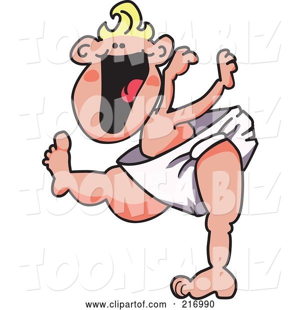 Vector Illustration of a Happy Cartoon Baby Blond Boy Mascot in a Diaper, Learning to Walk