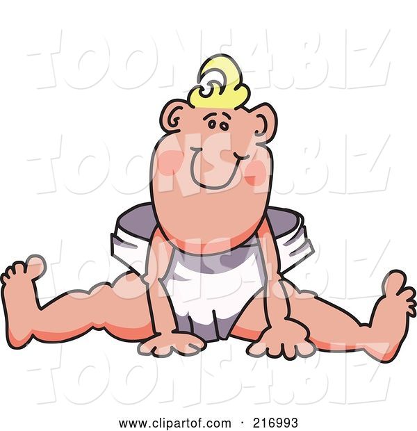 Vector Illustration of a Happy Cartoon Baby Blond Boy Mascot Sitting in a Large Diaper