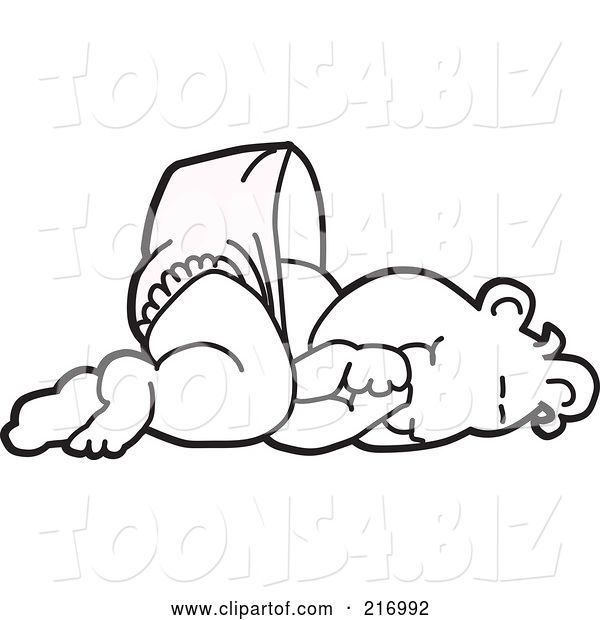 Vector Illustration of a Happy Cartoon Outlined Baby Boy Mascot in a Diaper, Sucking His Thumb and Laying down