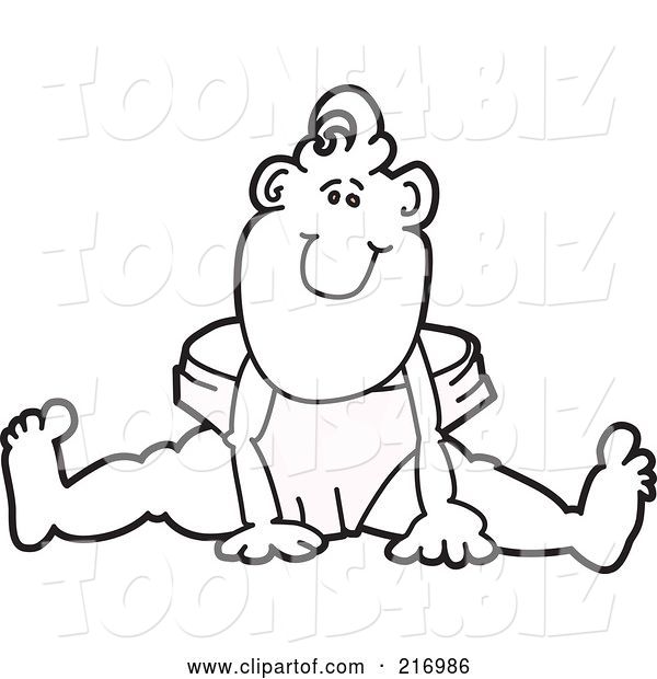 Vector Illustration of a Happy Cartoon Outlined Baby Boy Mascot Sitting in a Large Diaper