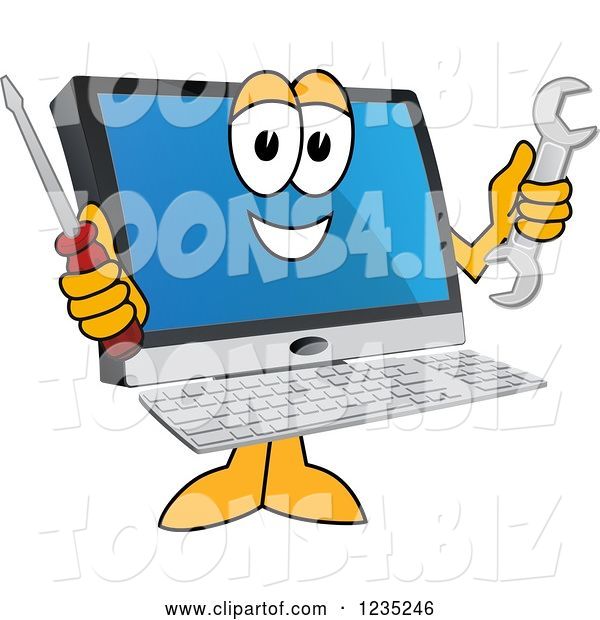Vector Illustration of a Happy Cartoon PC Computer Mascot Holding Tools