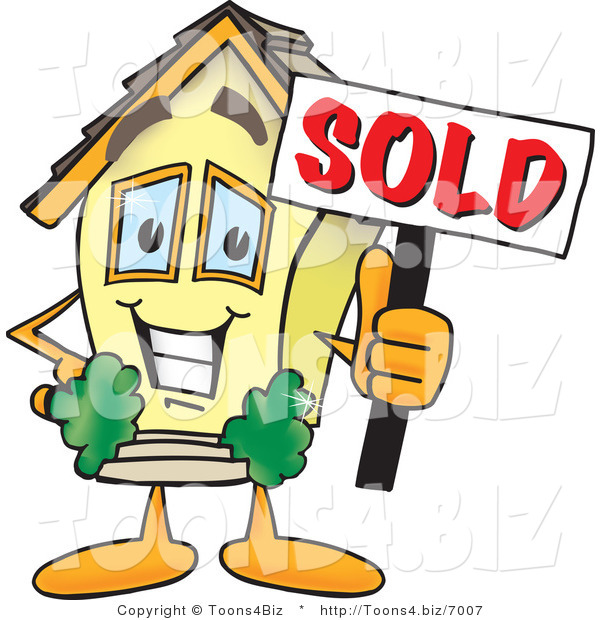 Vector Illustration of a Happy Home Mascot Holding Sold Sign