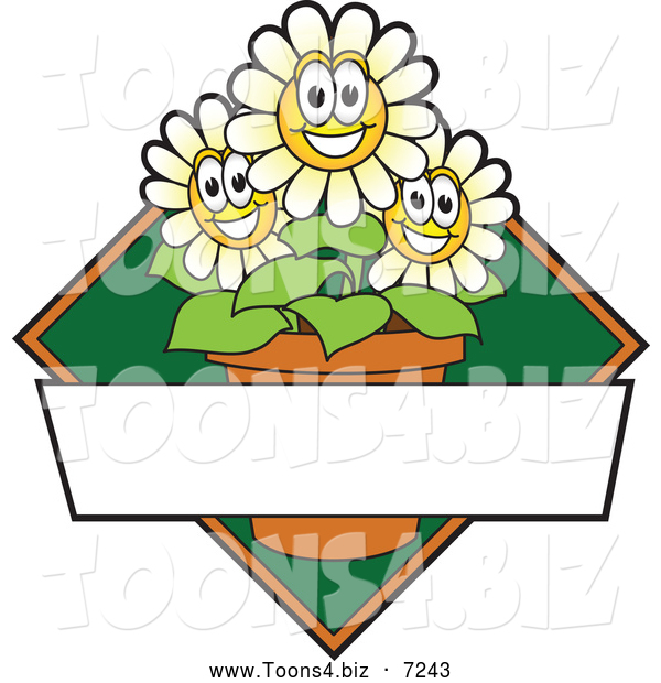 Vector Illustration of a Happy White Daisy Flower Mascot Character Logo or Sign Design with Copyspace and a Green Diamond