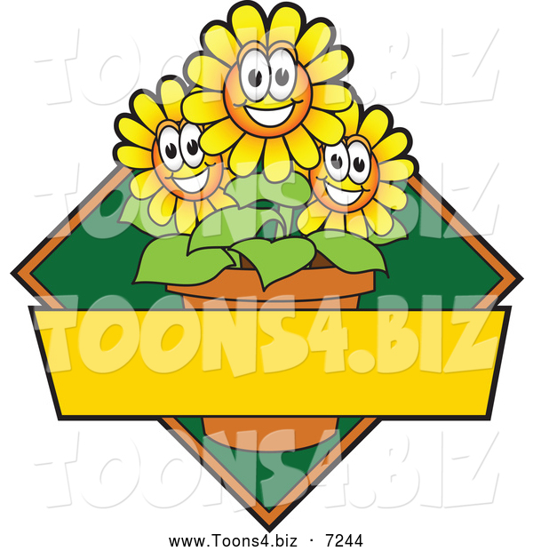 Vector Illustration of a Happy Yellow Daisy Flower Mascot Character Logo or Sign Design with Copyspace and a Green Diamond