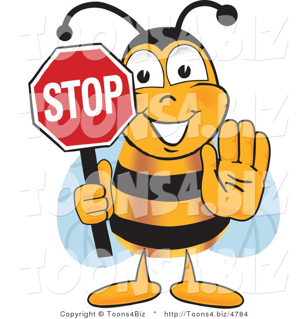 Vector Illustration of a Honey Bee Mascot Holding His Hand out and a Red Stop Sign