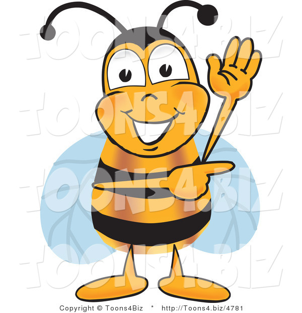 Vector Illustration of a Honey Bee Mascot Waving and Pointing to the Right