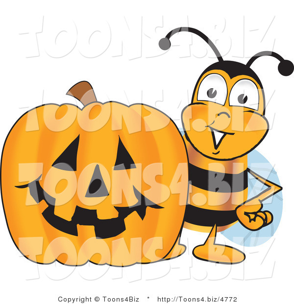 Vector Illustration of a Honey Bee Mascot with a Carved Halloween Pumpkin