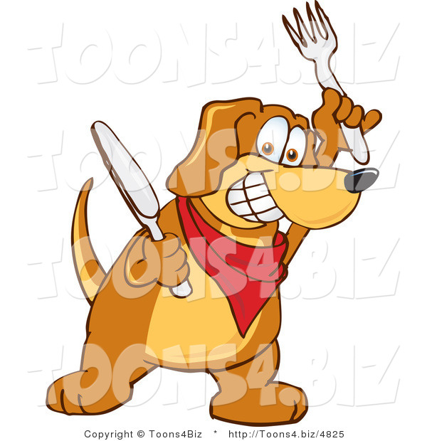 Vector Illustration of a Hound Dog Mascot Holding a Knife and Fork, Extremely Hungry