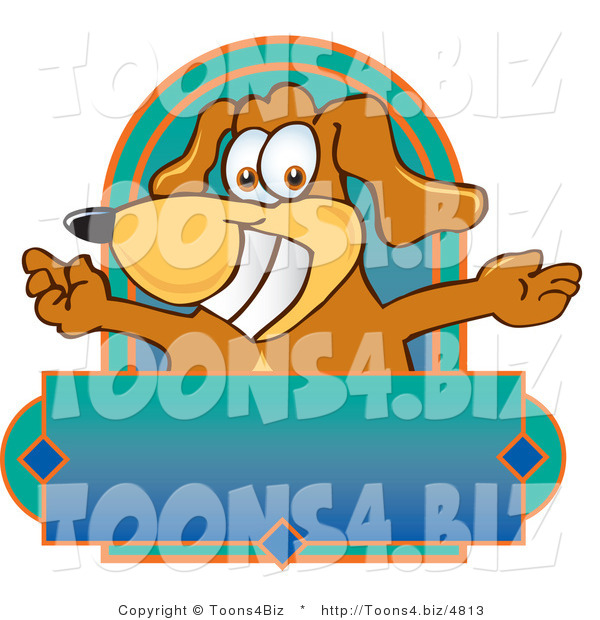 Vector Illustration of a Hound Dog Mascot with Open Arms Above a Blank Label