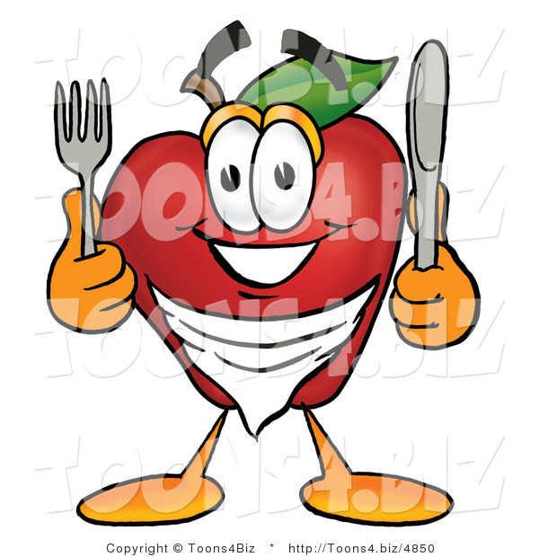 Vector Illustration of a Hungry Red Apple Mascot Wearing a Napkin, Holding a Fork and Knife