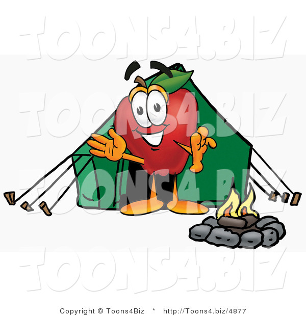 Vector Illustration of a Red Apple Mascot Camping with a Tent and a Fire