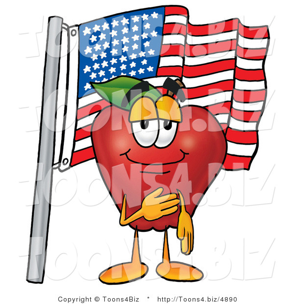 Vector Illustration of a Red Apple Mascot Giving the Pledge of Allegiance in Front of an American Flag