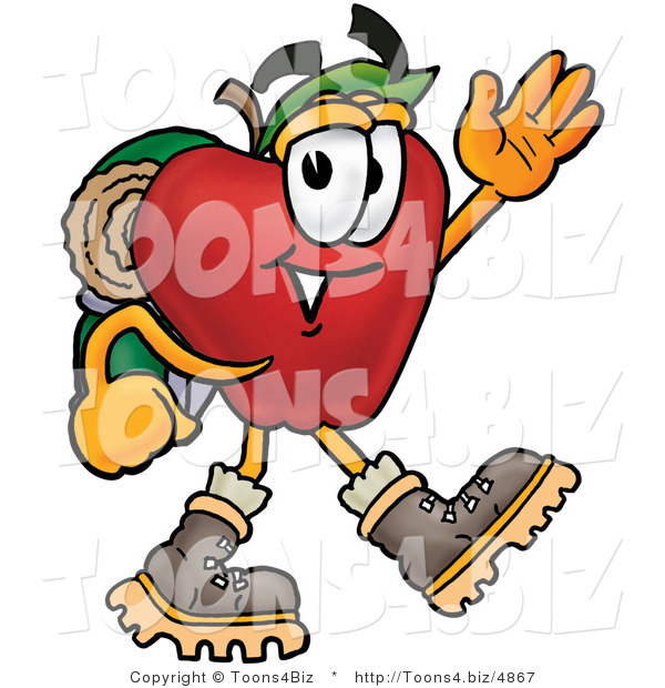 Vector Illustration of a Red Apple Mascot Hiking and Carrying a Backpack