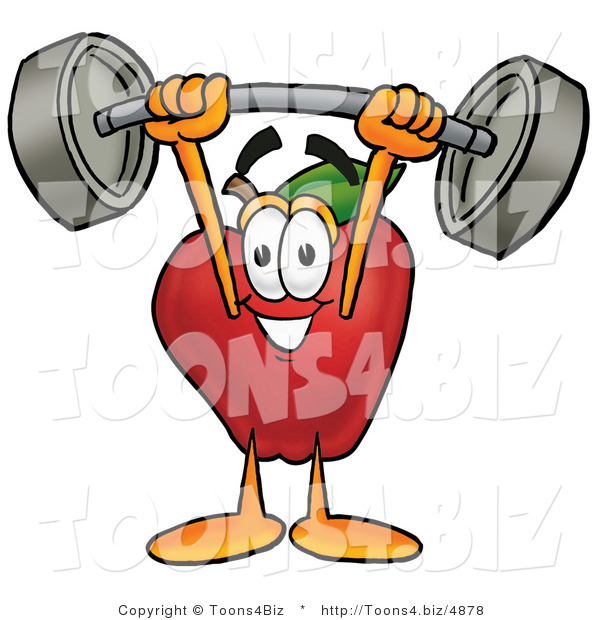 Vector Illustration of a Red Apple Mascot Holding a Heavy Barbell Above His Head