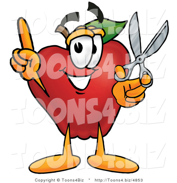 Vector Illustration of a Red Apple Mascot Holding a Pair of Scissors