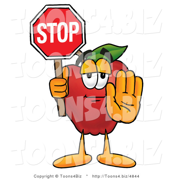 Vector Illustration of a Red Apple Mascot Holding a Red Stop Sign