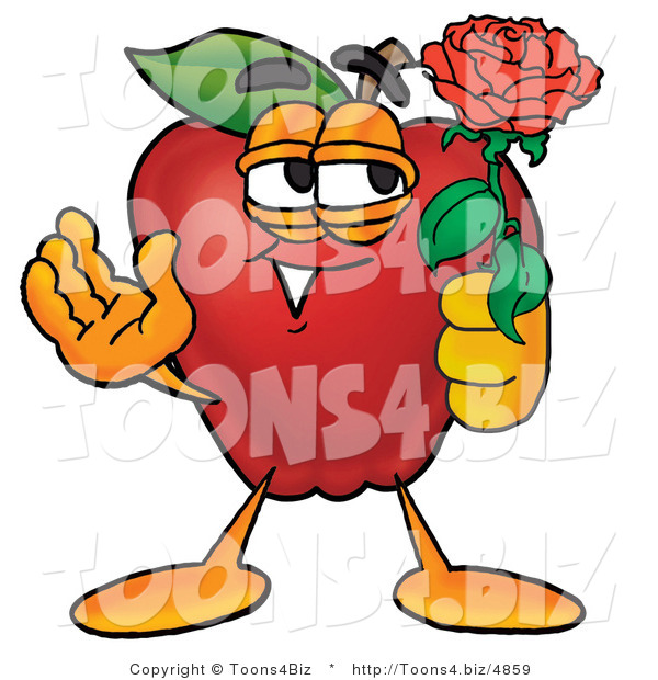 Vector Illustration of a Red Apple Mascot Holding a Single Red Rose for His Love on Valentines Day