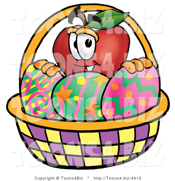 Vector Illustration of a Red Apple Mascot in an Easter Basket Full of Decorated Easter Eggs