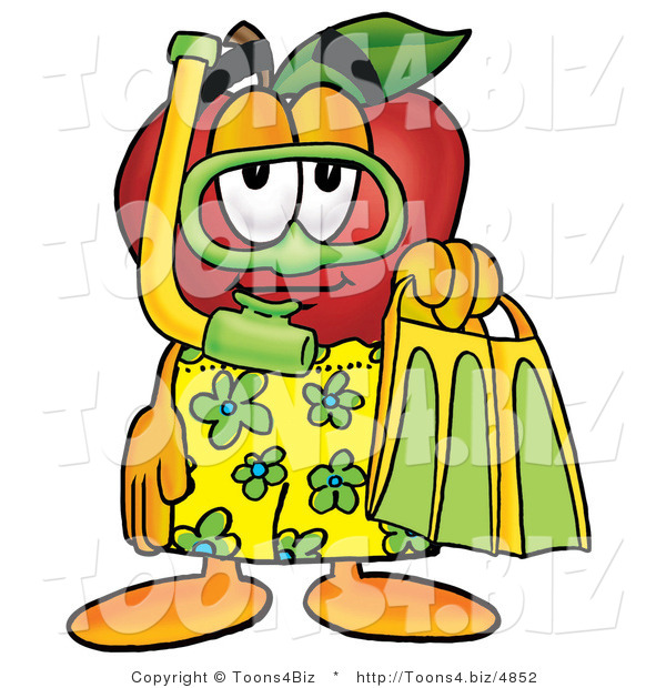 Vector Illustration of a Red Apple Mascot in Green and Yellow Snorkel Gear